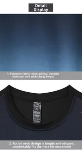 Detail view of moisture-wicking blue gradient mesh fabric and ribbed crew neck t-shirt