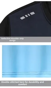 Detail view of reflective shoulder strips and double-stitched hem on sports t-shirt