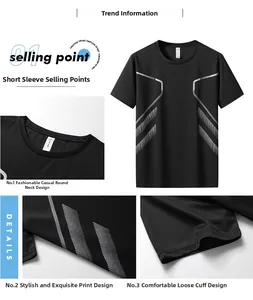Détails du t-shirt de sport noir à séchage rapide montrant le col rond et les imprimés