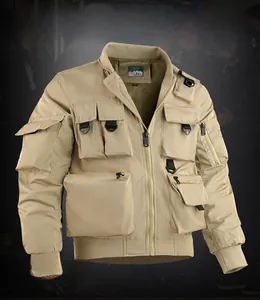 Detailed view of khaki bomber jacket featuring multiple tactical flap pockets and D-ring