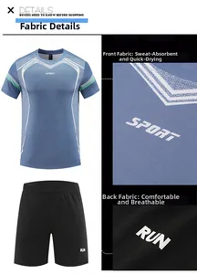 Détail du tissu respirant et séchage rapide pour ensemble sport t-shirt bleu et short noir