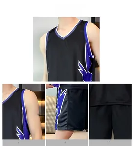 Detail view of V-neckline and breathable fabric stitching on the black basketball uniform set