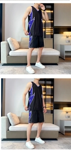 Detail of black basketball jersey set with purple lightning pattern on side panels