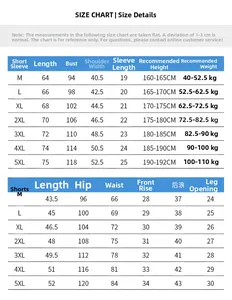 Tableau des tailles détaillé pour ensemble de sport séchage rapide avec guide poids et taille