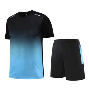 Men's quick-dry sports set with black to blue gradient t-shirt and athletic shorts
