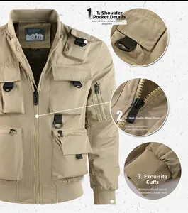Detailed views of khaki tactical pilot jacket features with multi-pocket and D-ring design