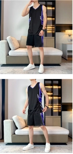 Detail of breathable quick-dry basketball set with side flame patterns and V-neck design