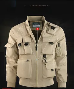 Detail of khaki tactical bomber jacket featuring functional multi-pockets and ribbed collar