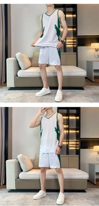 Detail of white basketball jersey set with green side stripes and breathable mesh fabric