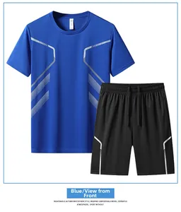 Détail du t-shirt de sport bleu roi à séchage rapide et du short noir à motifs géométriques