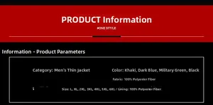 Size chart and fabric details for men's bomber jacket in khaki, navy, and green
