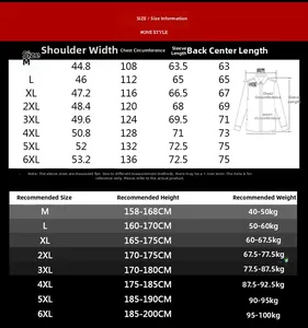 Detailed size chart for men's bomber jacket with body measurements from M to 6XL sizes