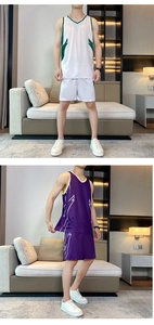 Detail of breathable mesh basketball sets in white-green and purple-gold with side patterns
