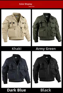 Tactical bomber jackets in khaki, green, blue, and black colors with multiple pockets
