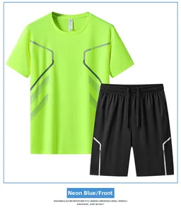 Vue détaillée de l'ensemble t-shirt de sport vert néon à séchage rapide et short