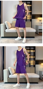 Detail of purple quick-dry basketball set featuring side lightning prints and ribbed trims