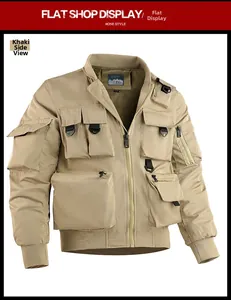 Detail of khaki tactical bomber jacket featuring multiple pockets and durable D-rings