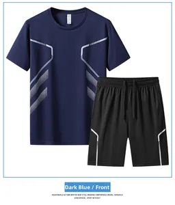Vue détaillée du t-shirt de sport bleu marine et du short noir aux motifs géométriques