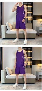 Detail view of purple basketball jersey set with breathable mesh and contrast stripes