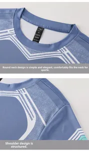 Gros plan sur la texture alvéolée respirante et détails d'épaule du t-shirt de sport bleu