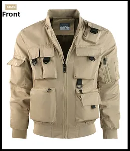 Detailed front view of khaki tactical bomber jacket with functional multi-pocket design