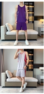Detail view of purple and grey quick-dry mesh basketball jerseys and shorts sets