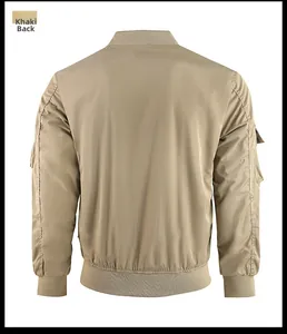 Back view of khaki bomber jacket featuring ribbed cuffs and tactical arm zipper pocket