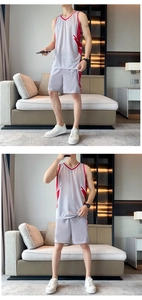 Close-up of breathable light gray basketball jersey set with red and white lightning patterns