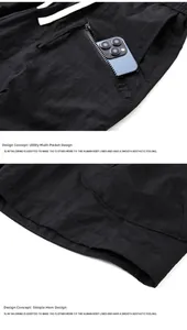 Detail of cargo multi-pocket design and simple hem on black quick-dry tech shorts