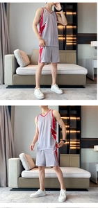 Detail of light gray mesh basketball uniform set with red lightning pattern on the side