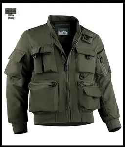 Detail of military green tactical bomber jacket with multiple utility pockets and D-ring