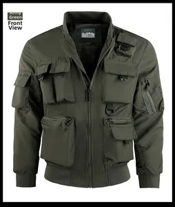 Detail of army green tactical flight jacket showing multiple utility pockets and D-rings