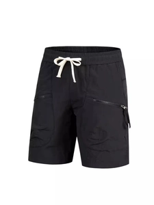 Detail of men's quick-dry sports shorts showing elastic waistband and zipper cargo pockets