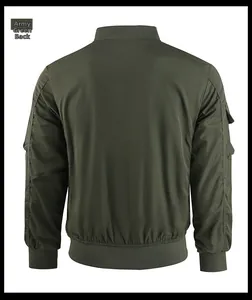 Rear view of army green pilot bomber jacket showing ribbed cuffs and back seam details