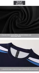 Détail macro du tissu en maille respirante et du col du t-shirt de sport bleu marine