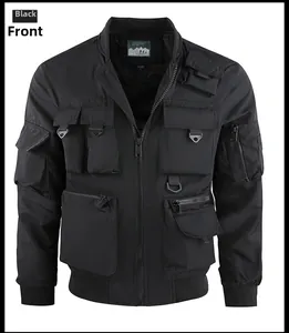 Detail of black tactical flight jacket showing multi-pocket structure and ribbed collar