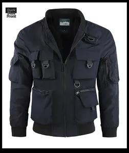 Detailed front view of navy blue tactical pilot jacket with functional utility pockets