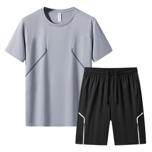 Ensemble t-shirt de sport séchage rapide bleu-gris et short noir avec motif géométrique