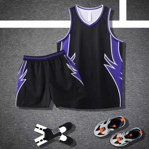 Men's quick-dry basketball jersey set with purple lightning design and matching shorts