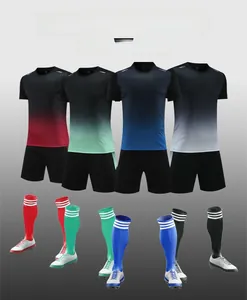 Detail showing four sets of gradient quick-dry football kits with soccer shoes and socks