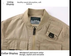 Detail of khaki cargo jacket featuring high collar, metal zipper, and functional pockets