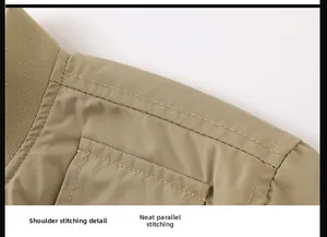 Close-up of shoulder seam detail with reinforced parallel double stitching on khaki jacket