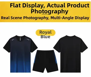 Detailed flat lay of men's quick-dry royal blue and black gradient sports t-shirt and shorts