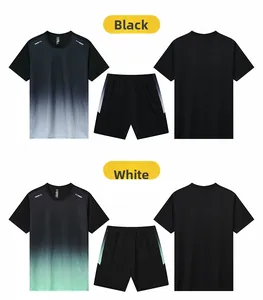 Detailed view of quick-dry men's sports set with gradient design and reflective strips