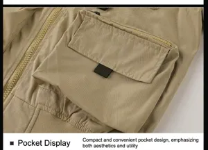 Detail view of khaki bomber jacket featuring a utility flap pocket and ribbed hemline