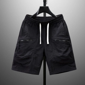 Men's ice silk cargo shorts in black with elastic waist and dual zipper pockets