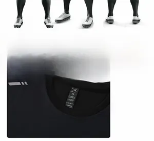 Detail of black quick-dry t-shirt showing crew neck and silver reflective shoulder strips