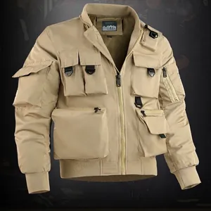 Men's Tactical Pilot Bomber Jacket Windproof Multi Pocket Outdoor Cargo Workwear Coat Stand Collar Casual Outerwear