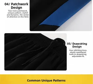 Detail of sports shorts with breathable mesh, contrast splicing and drawstring waist