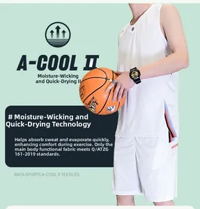Detail of white quick-dry basketball tank top and shorts with tri-color side stripes
